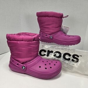 Crocs Classic Lined Neo Puff Fuschia Fun Pink Kids Snow Boots Size J6 (Big Girl)